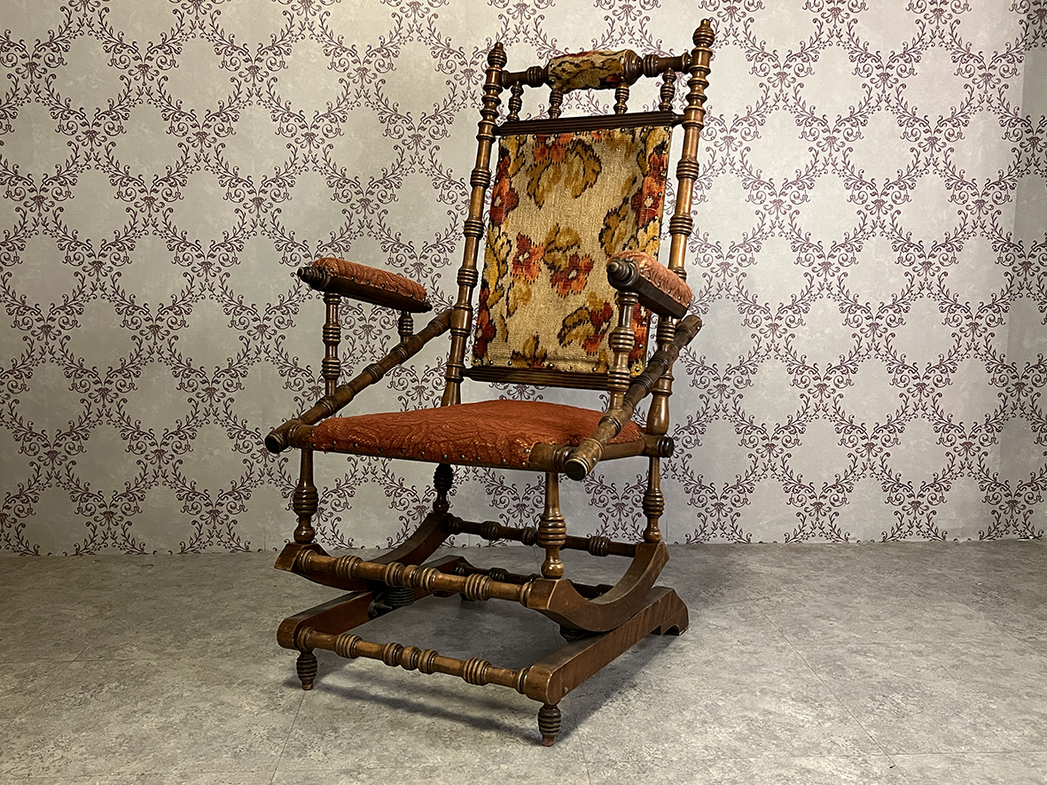 【🇬🇧 英國・維多利亞時期桃花心木搖椅・手工雕刻古典風格】