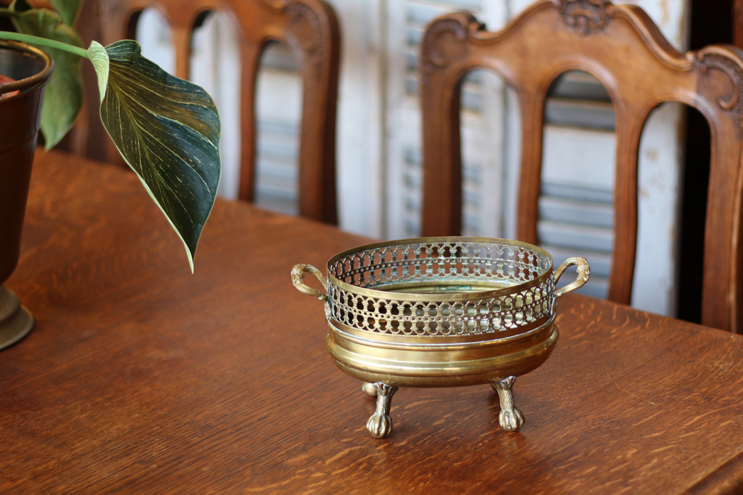 【🇫🇷 法國・百年鏤空黃銅獸足雙耳盆・古典工藝風格】