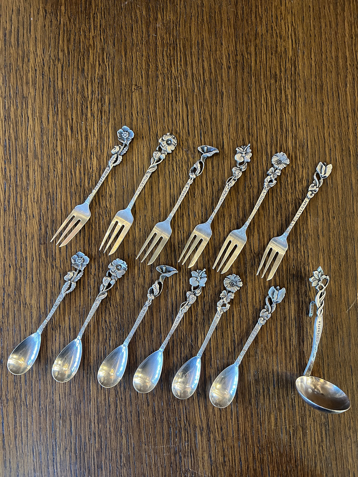【🇳🇱 荷蘭・百年立體花卉90銀鍍銀銅甜點餐具組・新藝術時期】
